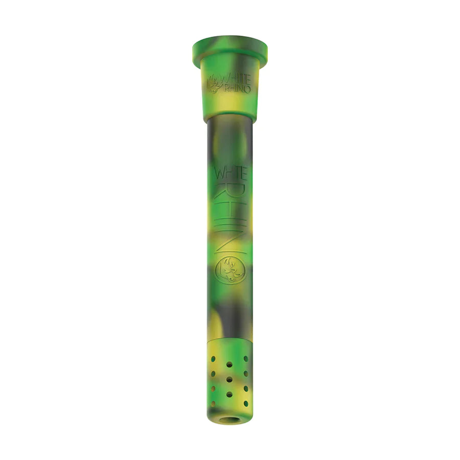 Front view of the White Rhino silicone adjustable downstem display box in assorted vibrant colors. This highly convenient wholesale point-of-purchase box contains multi-colored, unbreakable silicone downstems for smoke shop countertops.