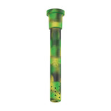 Front view of the White Rhino silicone adjustable downstem display box in assorted vibrant colors. This highly convenient wholesale point-of-purchase box contains multi-colored, unbreakable silicone downstems for smoke shop countertops.