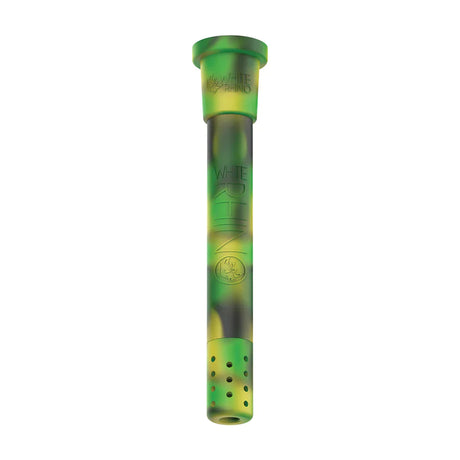 Front view of the White Rhino silicone adjustable downstem display box in assorted vibrant colors. This highly convenient wholesale point-of-purchase box contains multi-colored, unbreakable silicone downstems for smoke shop countertops.