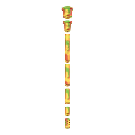 Angled top-down view of a White Rhino silicone downstem separated into its modular multi-colored sections. This innovative adjustable design allows users to easily add or remove pieces to create the perfect downstem length for any water pipe.
