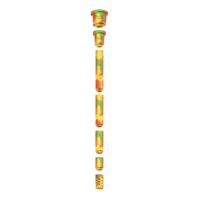 Angled top-down view of a White Rhino silicone downstem separated into its modular multi-colored sections. This innovative adjustable design allows users to easily add or remove pieces to create the perfect downstem length for any water pipe.