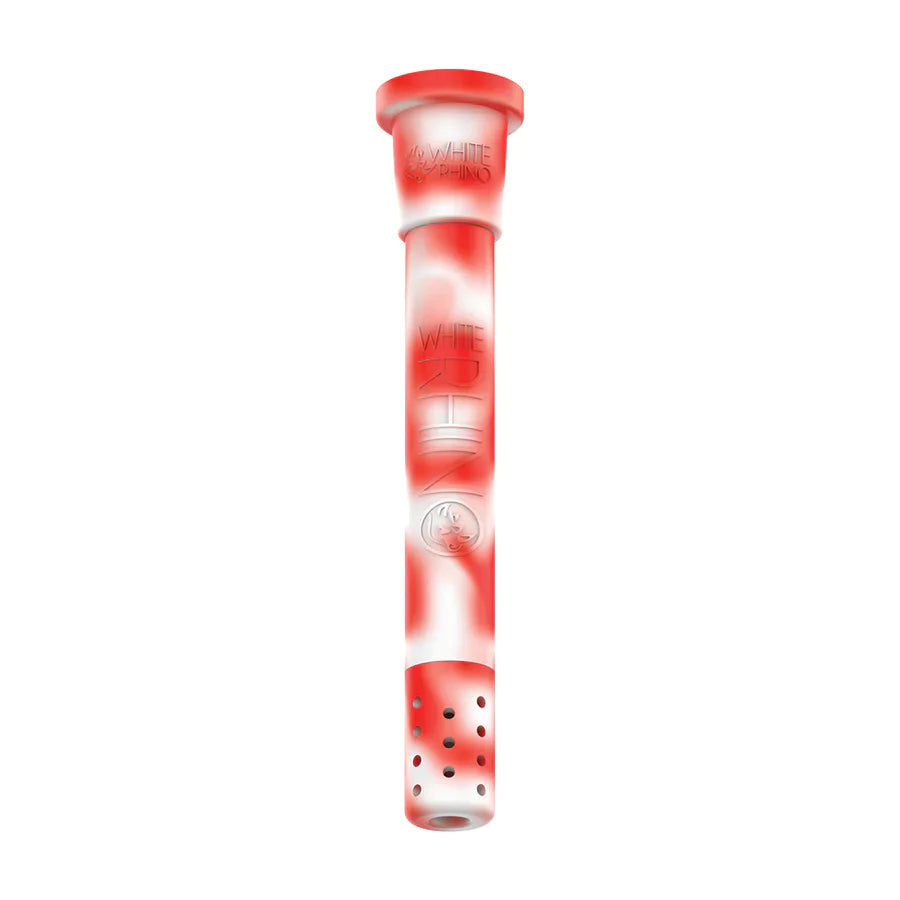 Front view of the White Rhino silicone adjustable downstem display box in assorted vibrant colors. This highly convenient wholesale point-of-purchase box contains multi-colored, unbreakable silicone downstems for smoke shop countertops.