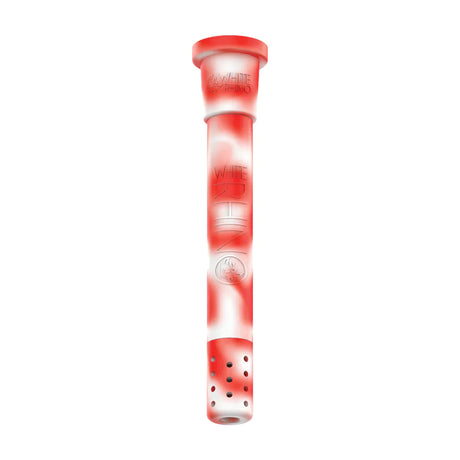 Front view of the White Rhino silicone adjustable downstem display box in assorted vibrant colors. This highly convenient wholesale point-of-purchase box contains multi-colored, unbreakable silicone downstems for smoke shop countertops.
