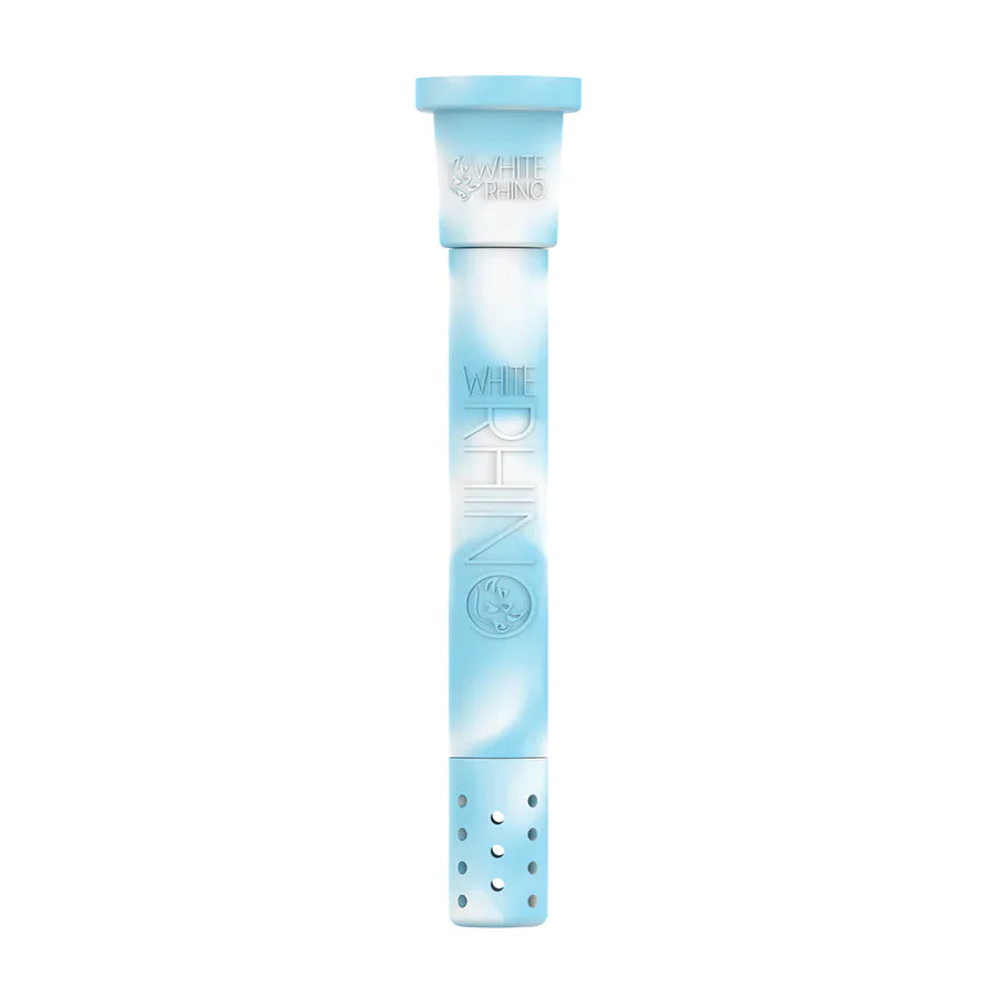 Front view of the White Rhino silicone downstem in blue and white. This highly durable, unbreakable silicone replacement downstem includes a glass bowl and fits standard water pipes seamlessly.