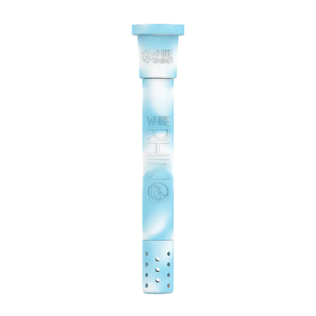 Front view of the White Rhino silicone downstem in blue and white. This highly durable, unbreakable silicone replacement downstem includes a glass bowl and fits standard water pipes seamlessly.