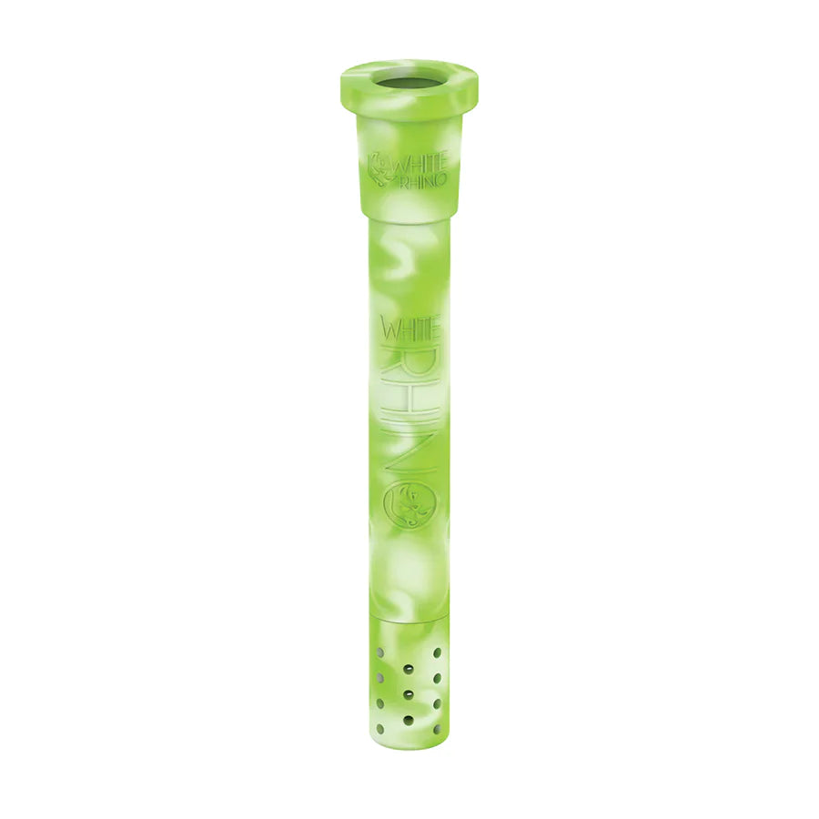 Front view of the White Rhino silicone downstem in green and white. This highly durable, unbreakable silicone replacement downstem includes a glass bowl and fits standard water pipes seamlessly.