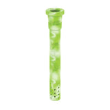 Front view of the White Rhino silicone downstem in green and white. This highly durable, unbreakable silicone replacement downstem includes a glass bowl and fits standard water pipes seamlessly.