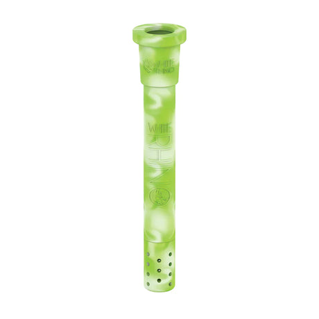 Front view of the White Rhino silicone downstem in green and white. This highly durable, unbreakable silicone replacement downstem includes a glass bowl and fits standard water pipes seamlessly.