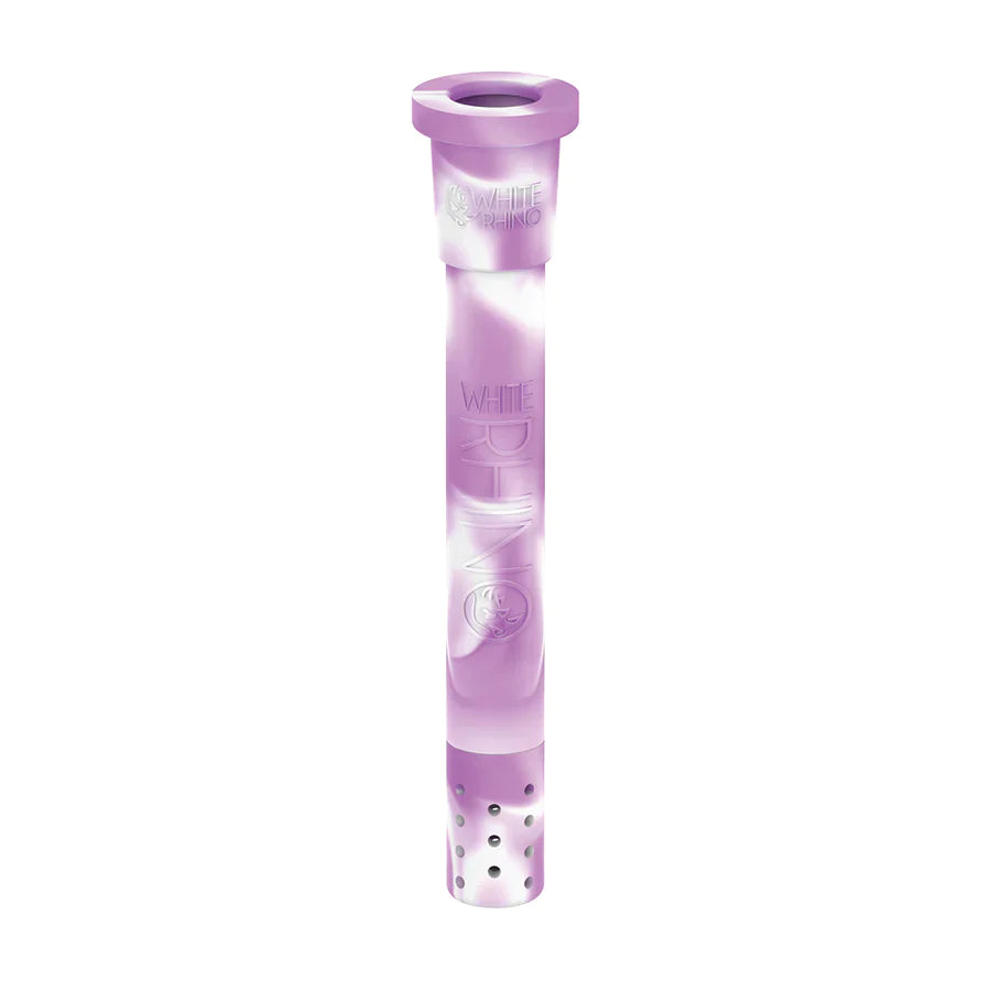 Front view of the White Rhino silicone downstem in purple and white. This highly durable, unbreakable silicone replacement downstem includes a glass bowl and fits standard water pipes seamlessly.