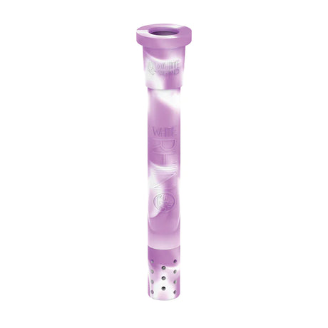 Front view of the White Rhino silicone downstem in purple and white. This highly durable, unbreakable silicone replacement downstem includes a glass bowl and fits standard water pipes seamlessly.