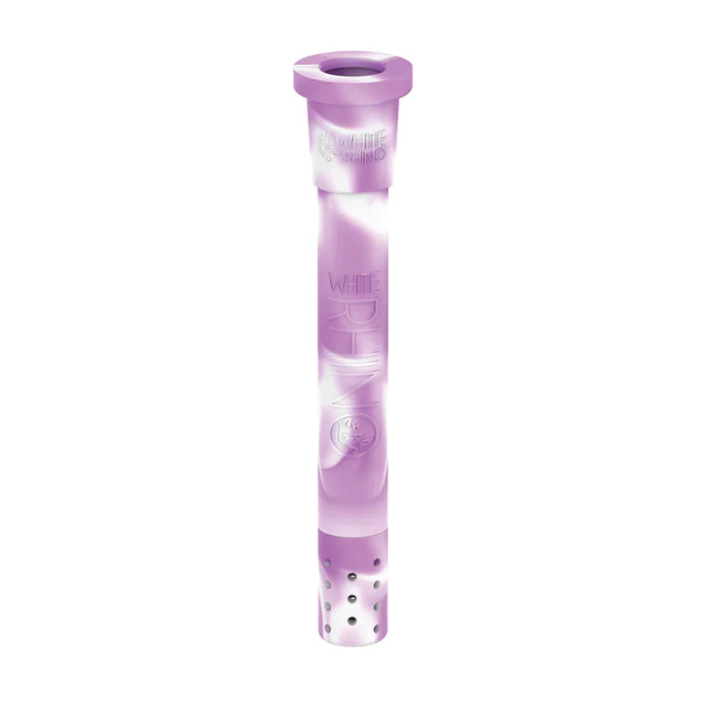 Front view of the White Rhino silicone downstem in purple and white. This highly durable, unbreakable silicone replacement downstem includes a glass bowl and fits standard water pipes seamlessly.