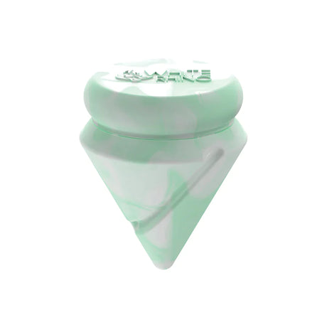 Angled top-down view of the White Rhino diamond spinner carb cap opened to reveal the internal silicone storage jar and the included clear glass terp ball. This 2-in-1 travel-friendly design keeps your sticky concentrates safely stored directly inside your carb cap.