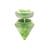Angled top-down view of the White Rhino diamond spinner carb cap opened to reveal the internal silicone storage jar and the included clear glass terp ball. This 2-in-1 travel-friendly design keeps your sticky concentrates safely stored directly inside your carb cap.