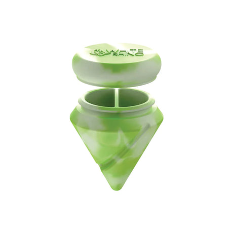 Angled top-down view of the White Rhino diamond spinner carb cap opened to reveal the internal silicone storage jar and the included clear glass terp ball. This 2-in-1 travel-friendly design keeps your sticky concentrates safely stored directly inside your carb cap.