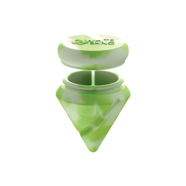 Angled top-down view of the White Rhino diamond spinner carb cap opened to reveal the internal silicone storage jar and the included clear glass terp ball. This 2-in-1 travel-friendly design keeps your sticky concentrates safely stored directly inside your carb cap.