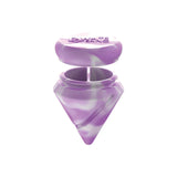Angled top-down view of the White Rhino diamond spinner carb cap opened to reveal the internal silicone storage jar and the included clear glass terp ball. This 2-in-1 travel-friendly design keeps your sticky concentrates safely stored directly inside your carb cap.