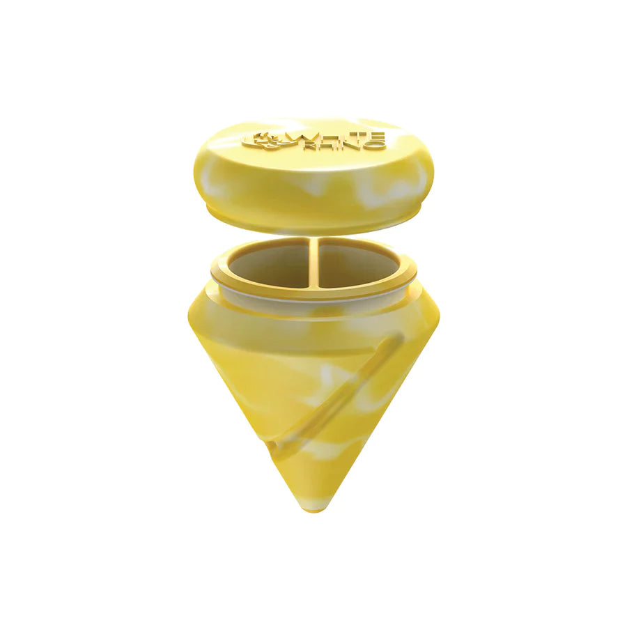 Angled top-down view of the White Rhino diamond spinner carb cap opened to reveal the internal silicone storage jar and the included clear glass terp ball. This 2-in-1 travel-friendly design keeps your sticky concentrates safely stored directly inside your carb cap.