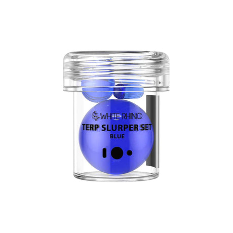 Front view of the White Rhino Terp Slurper 3-piece marble set in assorted multi-color swirl glass. This 3-count kit includes a top marble cap, a middle valve bead, and a bottom terp pill engineered to optimize heat distribution and airflow inside your quartz banger.