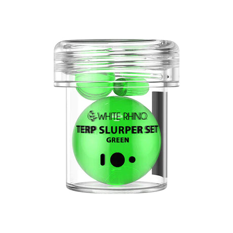 Front view of the White Rhino Terp Slurper 3-piece marble set in assorted multi-color swirl glass. This 3-count kit includes a top marble cap, a middle valve bead, and a bottom terp pill engineered to optimize heat distribution and airflow inside your quartz banger.