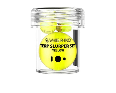 Front view of the White Rhino Terp Slurper 3-piece marble set in assorted multi-color swirl glass. This 3-count kit includes a top marble cap, a middle valve bead, and a bottom terp pill engineered to optimize heat distribution and airflow inside your quartz banger.