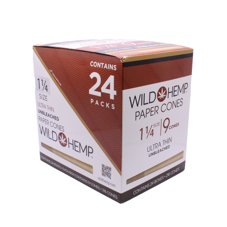 Angled view of the Wild Hemp 1 1/4 pre-rolled cones 24-count display box in natural brown and green. Made from 100% natural organic hemp, these unbleached cones provide a clean, slow-burning experience without harsh chemicals.