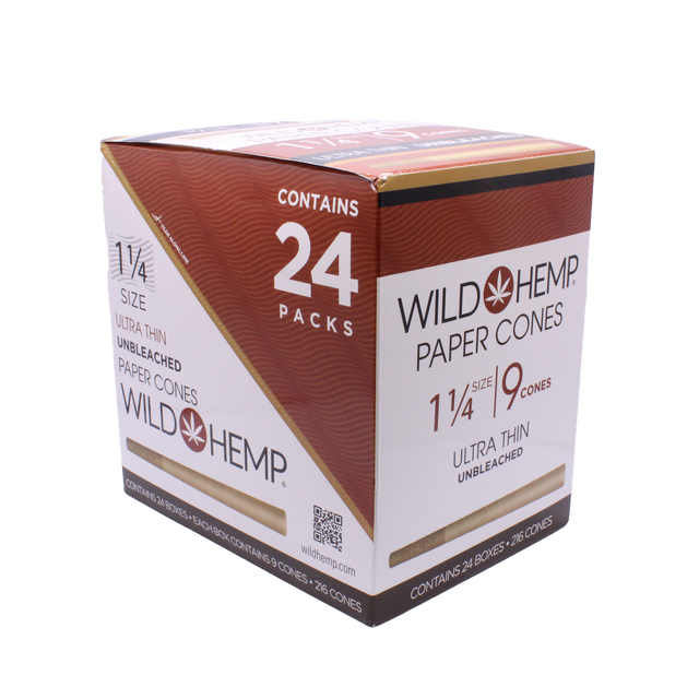 Angled view of the Wild Hemp 1 1/4 pre-rolled cones 24-count display box in natural brown and green. Made from 100% natural organic hemp, these unbleached cones provide a clean, slow-burning experience without harsh chemicals.