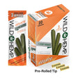 Angled overhead view of the Wild Hemp Gelato Premium Wraps 20-count display box in vibrant orange packaging. Made from 100% natural hemp, these tobacco-free wraps provide a naturally sweet, slow burn and come with three wraps per pouch.