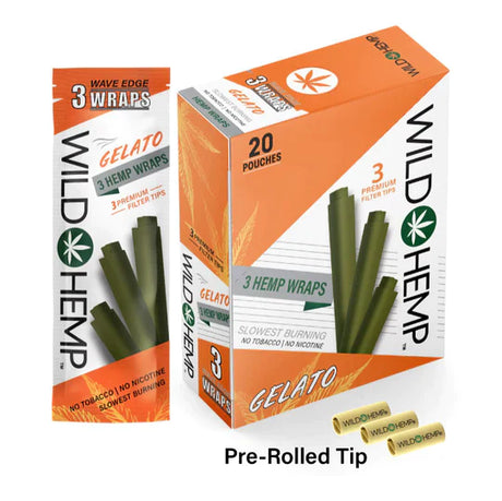 Angled overhead view of the Wild Hemp Gelato Premium Wraps 20-count display box in vibrant orange packaging. Made from 100% natural hemp, these tobacco-free wraps provide a naturally sweet, slow burn and come with three wraps per pouch.