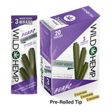 Angled overhead view of the Wild Hemp Purpz Premium Wraps 20-count display box in vibrant red and black packaging. Made from 100% natural hemp, these tobacco-free wraps provide a naturally sweet, slow burn and come with three wraps per pouch.