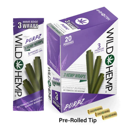Angled overhead view of the Wild Hemp Purpz Premium Wraps 20-count display box in vibrant red and black packaging. Made from 100% natural hemp, these tobacco-free wraps provide a naturally sweet, slow burn and come with three wraps per pouch.