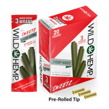 Angled overhead view of the Wild Hemp Sweetz Premium Wraps 20-count display box in vibrant red and black packaging. Made from 100% natural hemp, these tobacco-free wraps provide a naturally sweet, slow burn and come with three wraps per pouch.