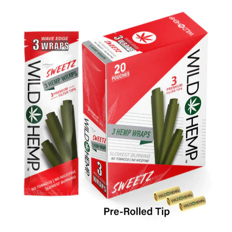 Angled overhead view of the Wild Hemp Sweetz Premium Wraps 20-count display box in vibrant red and black packaging. Made from 100% natural hemp, these tobacco-free wraps provide a naturally sweet, slow burn and come with three wraps per pouch.