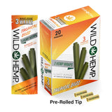 Angled overhead view of the Wild Hemp Tropical Buzz Premium Wraps 20-count display box in vibrant orange yellow packaging. Made from 100% natural hemp, these tobacco-free wraps provide a naturally sweet, slow burn and come with three wraps per pouch.
