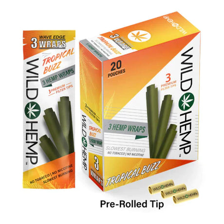 Angled overhead view of the Wild Hemp Tropical Buzz Premium Wraps 20-count display box in vibrant orange yellow packaging. Made from 100% natural hemp, these tobacco-free wraps provide a naturally sweet, slow burn and come with three wraps per pouch.