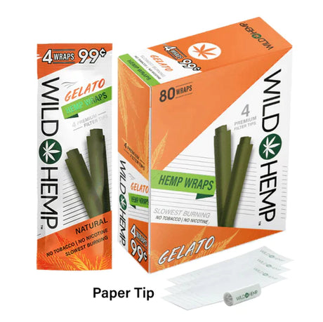 Angled overhead view of the Wild Hemp Wraps 4-Pack in an assortment of vibrant 20-count display boxes. Made from 100% natural hemp, these tobacco-free wraps provide a slow, smooth burn and come with four wraps per resealable pouch.