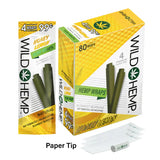 Angled overhead view of the Wild Hemp Wraps 4-Pack in an assortment of vibrant 20-count display boxes. Made from 100% natural hemp, these tobacco-free wraps provide a slow, smooth burn and come with four wraps per resealable pouch.