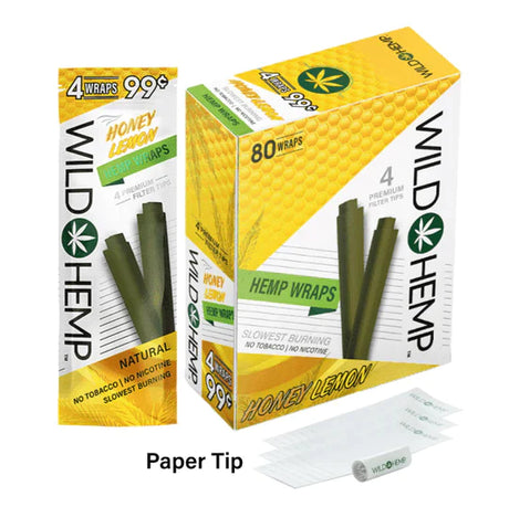 Angled overhead view of the Wild Hemp Wraps 4-Pack in an assortment of vibrant 20-count display boxes. Made from 100% natural hemp, these tobacco-free wraps provide a slow, smooth burn and come with four wraps per resealable pouch.