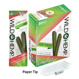 Angled overhead view of the Wild Hemp Wraps 4-Pack in an assortment of vibrant 20-count display boxes. Made from 100% natural hemp, these tobacco-free wraps provide a slow, smooth burn and come with four wraps per resealable pouch.
