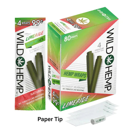 Angled overhead view of the Wild Hemp Wraps 4-Pack in an assortment of vibrant 20-count display boxes. Made from 100% natural hemp, these tobacco-free wraps provide a slow, smooth burn and come with four wraps per resealable pouch.