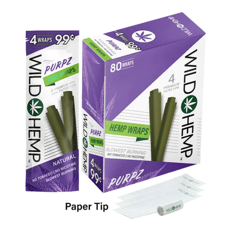 Angled overhead view of the Wild Hemp Wraps 4-Pack in an assortment of vibrant 20-count display boxes. Made from 100% natural hemp, these tobacco-free wraps provide a slow, smooth burn and come with four wraps per resealable pouch.