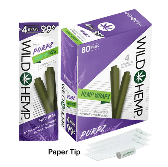 Angled overhead view of the Wild Hemp Wraps 4-Pack in an assortment of vibrant 20-count display boxes. Made from 100% natural hemp, these tobacco-free wraps provide a slow, smooth burn and come with four wraps per resealable pouch.