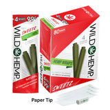 Angled overhead view of the Wild Hemp Wraps 4-Pack in an assortment of vibrant 20-count display boxes. Made from 100% natural hemp, these tobacco-free wraps provide a slow, smooth burn and come with four wraps per resealable pouch.