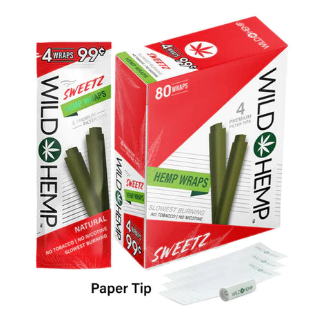 Angled overhead view of the Wild Hemp Wraps 4-Pack in an assortment of vibrant 20-count display boxes. Made from 100% natural hemp, these tobacco-free wraps provide a slow, smooth burn and come with four wraps per resealable pouch.
