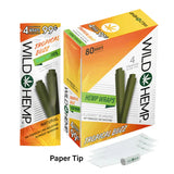 Angled overhead view of the Wild Hemp Wraps 4-Pack in an assortment of vibrant 20-count display boxes. Made from 100% natural hemp, these tobacco-free wraps provide a slow, smooth burn and come with four wraps per resealable pouch.