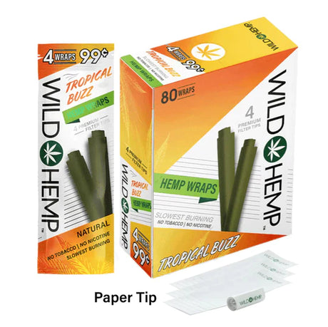 Angled overhead view of the Wild Hemp Wraps 4-Pack in an assortment of vibrant 20-count display boxes. Made from 100% natural hemp, these tobacco-free wraps provide a slow, smooth burn and come with four wraps per resealable pouch.