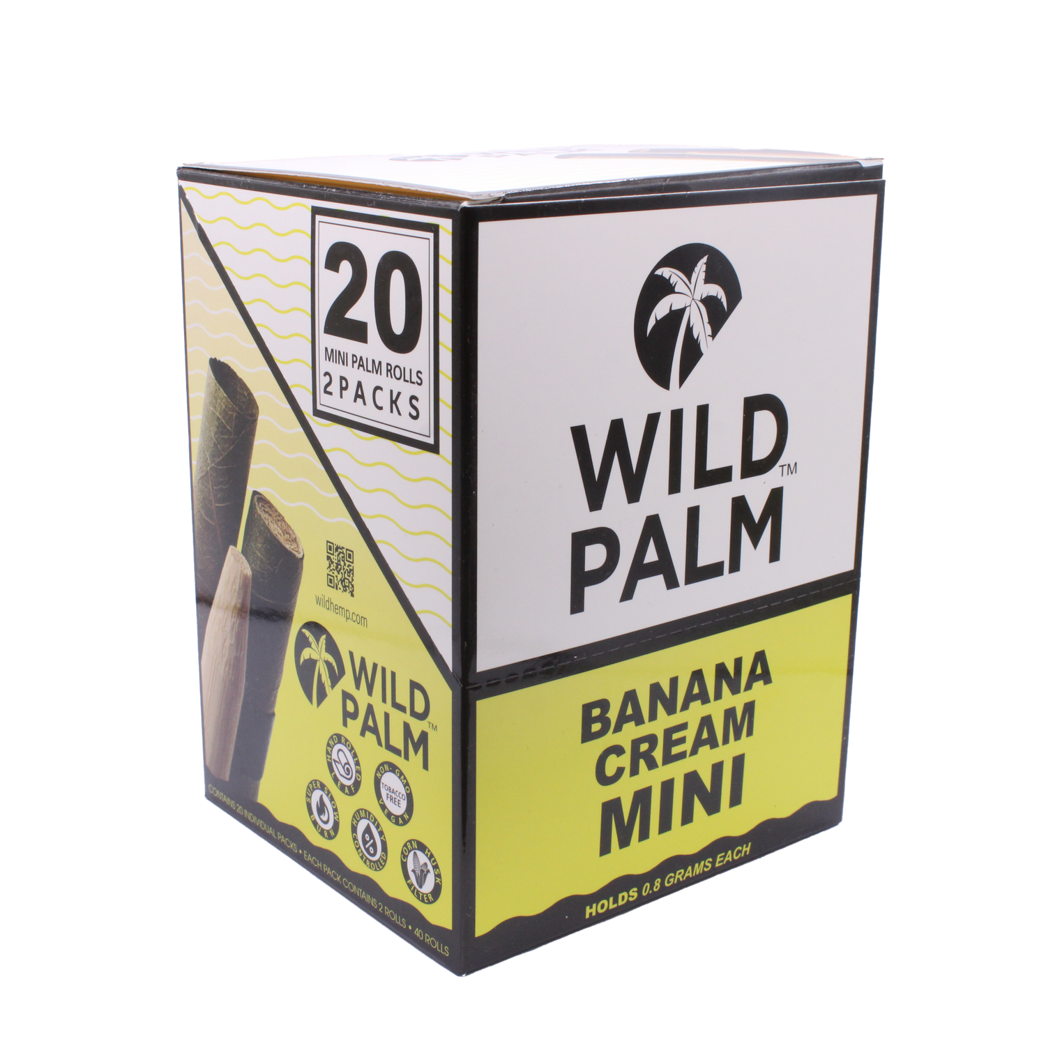 Front view of the Wild Palm Minis pre-rolled cones 20-count display box in a simple yellow and black. These slow-burning, tobacco-free wraps are pre-rolled for immediate packing and hassle-free retail display.