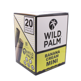 Front view of the Wild Palm Minis pre-rolled cones 20-count display box in a simple yellow and black. These slow-burning, tobacco-free wraps are pre-rolled for immediate packing and hassle-free retail display.