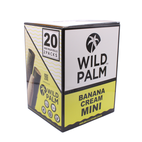 Front view of the Wild Palm Minis pre-rolled cones 20-count display box in a simple yellow and black. These slow-burning, tobacco-free wraps are pre-rolled for immediate packing and hassle-free retail display.