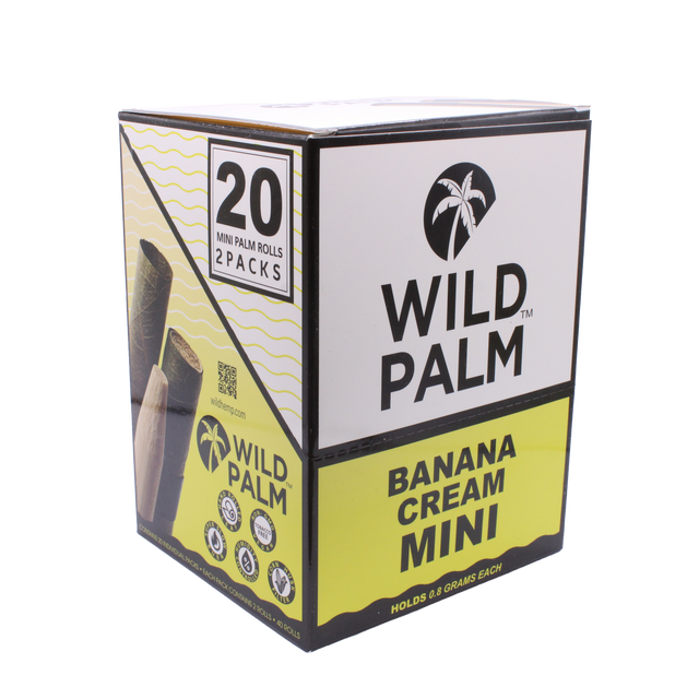 Front view of the Wild Palm Minis pre-rolled cones 20-count display box in a simple yellow and black. These slow-burning, tobacco-free wraps are pre-rolled for immediate packing and hassle-free retail display.