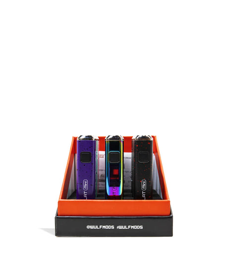 Front view of the Wulf Flat Mini cartridge vaporizer battery 9pk point-of-sale counter display box in black with flashy graphics. This wholesale counter display showcases nine assorted, vibrant colorways neatly arranged for effortless retail selection.